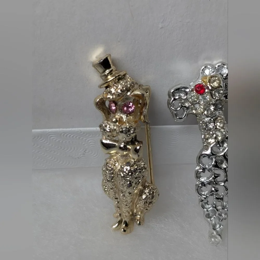 Vintage Poodle Brooch Pair Rhinestone Dog Pins Gold Silver Figural Grandmacore